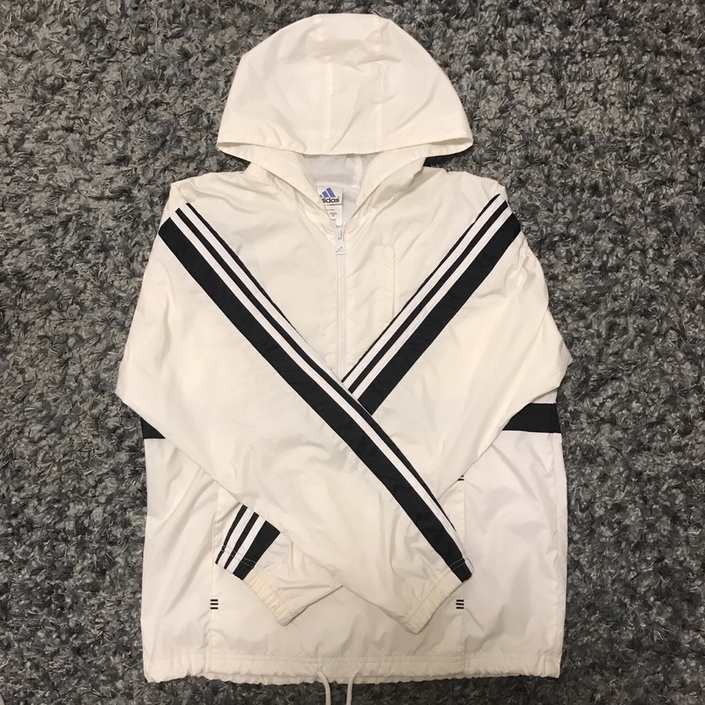 Adidas off-white and black hooded windbreaker